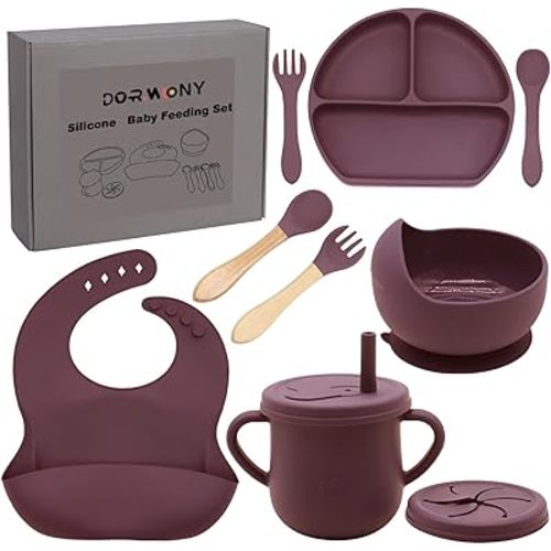 100% Silicone Baby Feeding Set,BPA Free Baby Dishes Set with Suction Bowl Divided Plate,Toddler Self Feeding Dish Set with Spoons Forks Sippy Cup and Bib, Baby Eating Utensils(Dark Red)