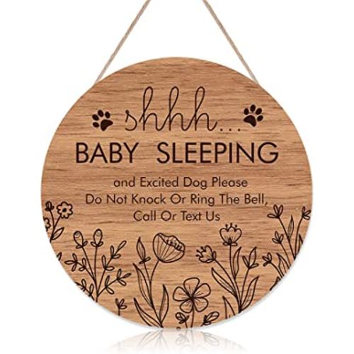 Funny Baby Sleeping Hanging Sign Plaque, Do Not Knock Or Ring The Bell, Round Wooden Door Hanger for Baby Room, Nursery, Front Door, Door Knob Decor (12x12inch)