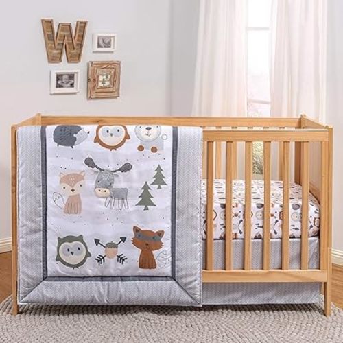 The Peanutshell 3 Piece Baby Crib Bedding Set for Boys & Girls - Newborn, Infant & Toddler Nursery Bed Set Decor with Fitted Crib Sheet, Dust Ruffle, Comforter - Woodland Walk