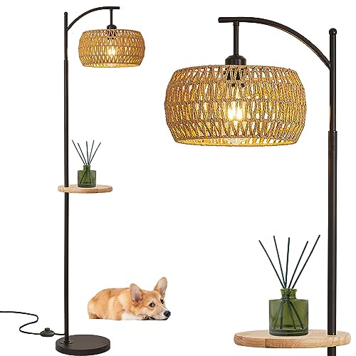 Boho Floor Lamp, Rattan Floor Lamp with Shelf, Bohemian Bamboo Wicker Coastal Rustic Farmhouse Woven Tropical Wood Tall Standing Lamp with Table for Living Room Bedroom
