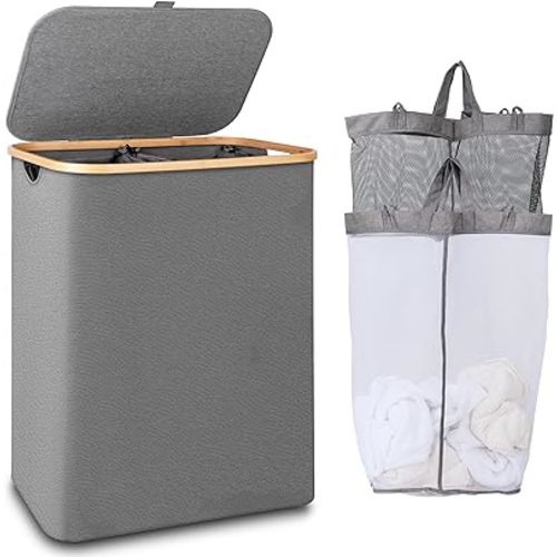 150L Laundry Hamper with Lid-Large Laundry Basket with Bamboo Handles, Grey Hampers for Laundry, Dirty Clothes Hamper with 2 Removable Inner Bags for Clothes Toys Towels