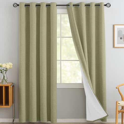 Yakamok Sage Green Linen Curtains 100% Blackout 84 Inches Long,Room Darkening Textured Drapes for Living Room Thermal Grommet Bedroom Curtains 2 Panels with Greyish White Liner
