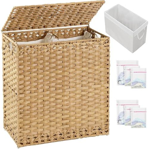 SETVSON Laundry Hamper with Lid Wicker Laundry Basket 112 L (29.6 Gal) Laundry Hampers Handwoven Rattan Clothes Hamper with Handles 3 Removable Liner Bag, 6 Mesh Bags for Bathroom Bedroom Natural