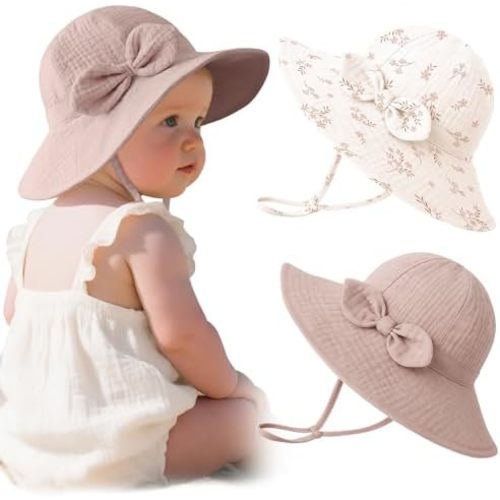 Konssy Muslin Baby Sun Hat 2-Pack, UPF 50+ Sun Protection Wide Brim Summer Beach Hat, Bucket Hat for Girls and Boys