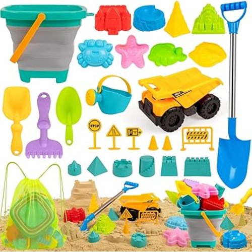 Kids Beach Sandbox Toys with Truck,Collapsible Sand Bucket, Big Stainless Steel Shovel Toy, Sand Castle Kit, Animal Molds, Shell Mesh Bag, Summer Travel Outdoor Toys for Boys Girls Age 3+