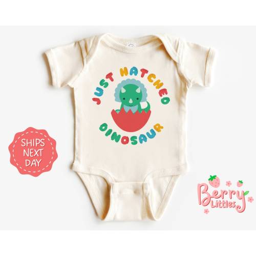 Just Hatched Dinosaur Baby Reveal Onesie® - Baby Boy Bodysuit Onesie® - Cute Dinosaur Natural Onesie® - Newborn Outfit Gift BRY-0388
