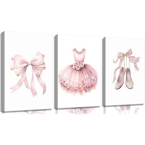 3Pcs Pink Ballet Nursery Canvas Wall Art Girls Baby Ballerina Painting Decor Pictures Bow Dance Skirt Shoes Kids Poster Prints for Dance Studio Baby Room living Bedroom Decoration