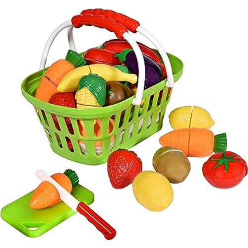 Playkidz Fruit and Vegetables Basket - Pretend Play Kitchen Food Educational Playset with Toy Knife, Cutting Board (32 Pieces of Fruit and Vegetable Toys)