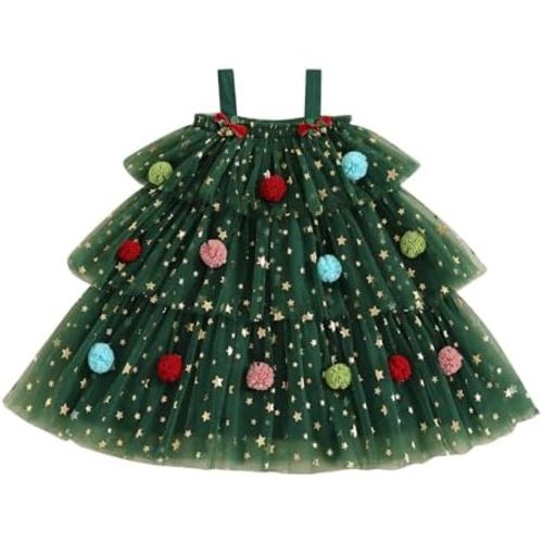 Christmas Dress Star Sequin Layered Tulle Tutu Dress, Green - size 2-3T