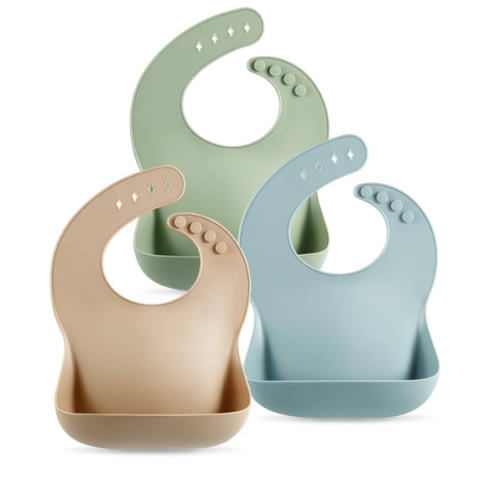 PandaEar Set of 3 Silicone Baby Bibs Waterproof, Soft, Unisex, 10-72 Months (Brown/Blue/Green)