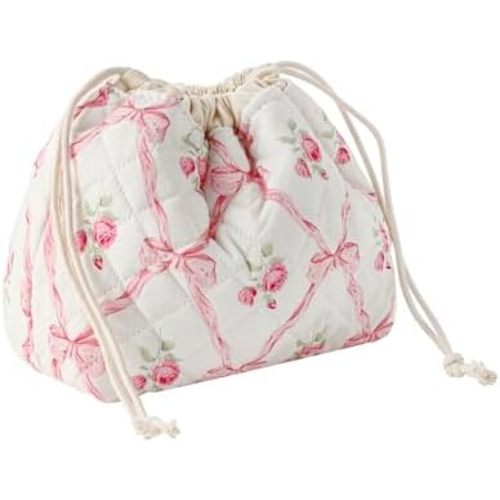 Cotton Quilted Drawstring Makeup Bag with Canvas Lining,Coquette Aesthetic Cute Travel Toiletry Bag,Drawstring Gift Bag for Women and Girls(03Pink Bows)