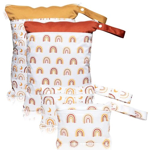 R HORSE 4Pcs Rainbow Wet Dry Bag for Breast Pump Parts, Waterproof Reusable Baby Cloth Diaper Bags with 2 Zippered Pockets & Handle, Large Capacity Swimsuits Travel Stroller Yoga Gym Pouch Bag