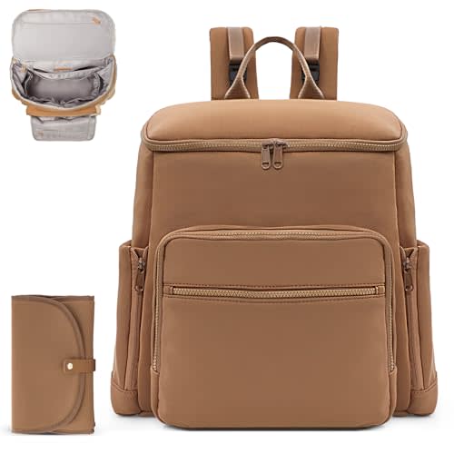 ILCOLPO Diaper Bag Backpack, Neoprene Bag Backpack, Large Diaper Backpack with 16 Diaper Bag Organizers, 4 Insulated Pockets, Lighweight Travel Baby Bag with Changing Pad, Brown