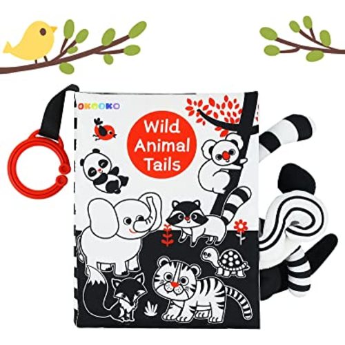 OKOOKO Soft Baby Book Black and White High Contrast Animals Tails Book Bath Book Montessori Sensory Stroller Toy Non-Toxic Crinkle Washable Early Education for Baby Infant Toddler
