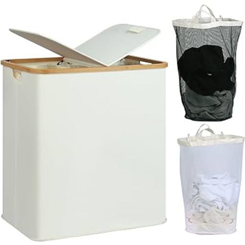 efluky Laundry Hamper with Lid, Double Laundry Hamper with 2 Removable Bags, 2 Section Laundry Basket with Bamboo Handles for Bathroom, Bedroom & Laundry Room, 140L (36.9 Gallon) Beige
