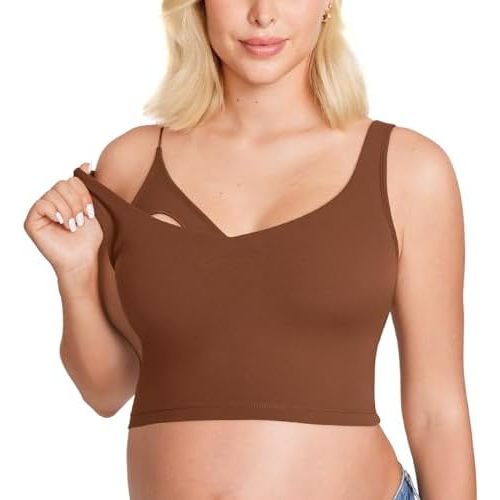 MOMANDA Women's Nursing Bras Longline Sports Breastfeeding V Neck Sleeveless Crop Tank Top with Built in Bra