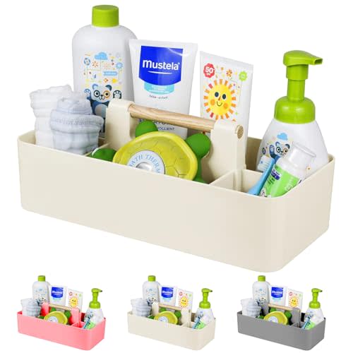 Baby Shower Caddy Plastic Nursery Portable Storage Organizer Caddy Tote for Child/Kids, Divided Basket Bin with Wood Handle for Bathroom, Dorm Room, Holds Hand Soap, Bottles, Spoons (Beige)