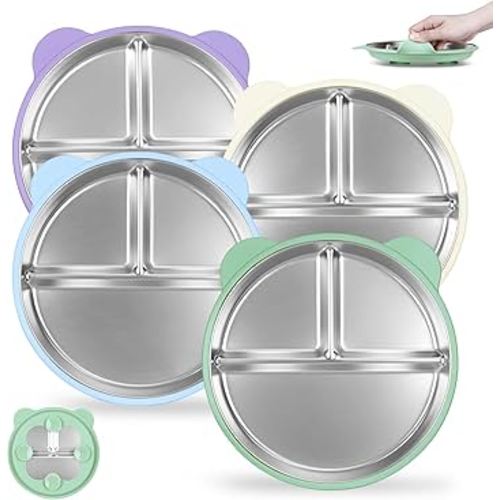 4 Pack Stainless Steel Baby Plates with Suction, 9” Divided Toddler Plates with Removable Silicone Sleeves for Kids Led Weaning Supplies, Non-Toxic Non-Slip Unbreakable Dishwasher Safe Dinnerware Set