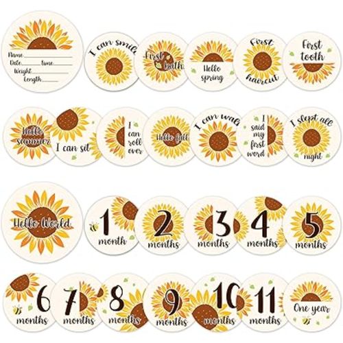 Baby Monthly Milestone Cards Sign - 13Pcs Double Sided Sunflower Milestone Markers, Flower Pattern Wooden Circles Discs Newborn Announcement Marker, Baby Shower Newborn Sign Photo Cards Gift Set