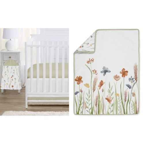 Sweet Jojo Designs Girl Baby Crib Bedding Set - Watercolor Floral Garden Collection Sage Green 4pc