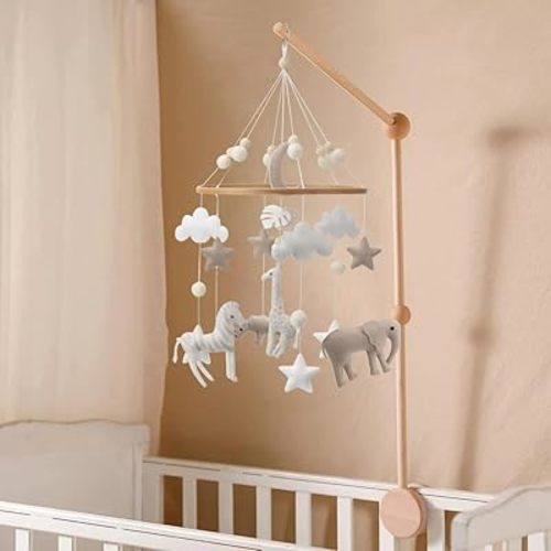 Safari Mobile for Crib - A Neutral Handmade White Jungle Crib Mobile with Safari Animals Clouds and Stars for a Neutral Nursery