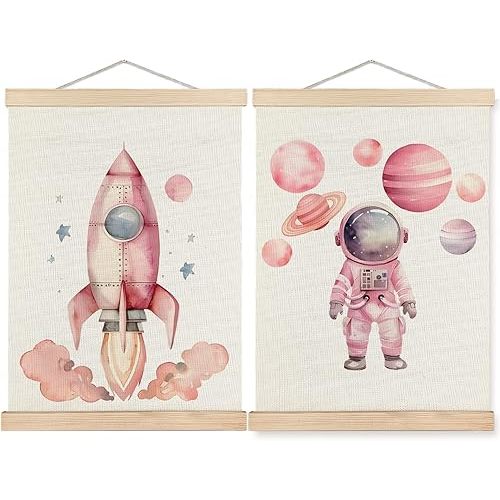 SPBL&L Pink Space Wall Art, Space Nursery Poster Hanger Frame, Cosmic Planets Rocket Astronaut Hanging Canvas Pictures Prints Wall Decor for Girls Room Nursery Playroom, 12x16 Inch Set of 2