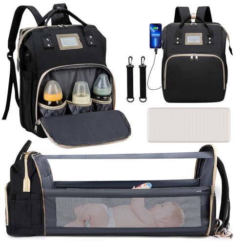 Diaper Bag Backpack, Multifunctional Baby Changing Bag with Foldable Crib & Insulated Milk Bottle Pocket, Large Capacity Travel Backpack with USB Charging Port & Stroller Strap (Black)
