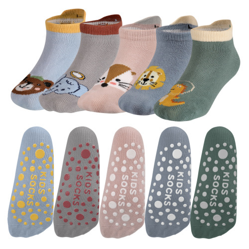 Bocaoying 5 Pairs Non Slip Toddler Grip Socks, Unisex Baby Warm Socks with Cute Animal Pattern, Combed Cotton Low Cut (1-3 year)
