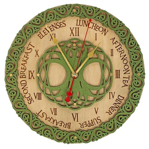 Celtic Meal Times Wooden Wall Clock unique Handcrafted home decor, personalized custom gift, housewarming design present, kitchen victorian vintage style, meal planning, living room decorative art