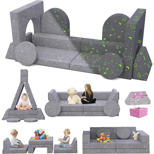 Kids Couch, 12PCS Modular Kids Play Couch with Blanket, Kids Sofa Couch with Glow Effects for Playroom & Indoor, Convertible Toddler Couch for Girls and Boys