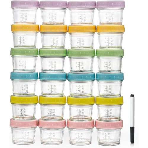 DIMBRAH Baby Food Storage Containers -24pcs, 4oz Reusable Glass Baby Food Jars with Lids–Dishwasher & Freezer Safe, Suitable for Baby and Toddler Foods、Fruit and Vegetable Purees