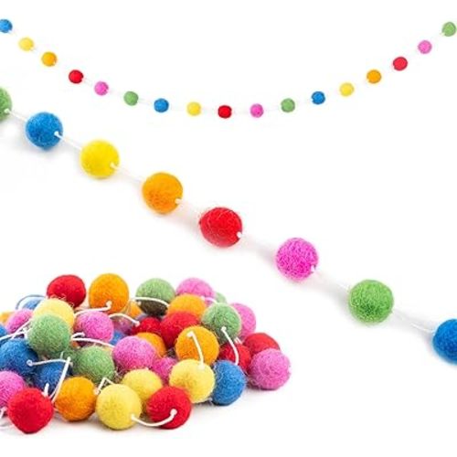 Woolygon Felt Ball Garland Handmade in Nepal - Pom Pom Colorful Rainbow Garland Felt Ball Decor, Christmas Tree Décor, Xmas Holiday Party, Birthday Banner - 7.6 Feet, 60 Balls - Dark Rainbow