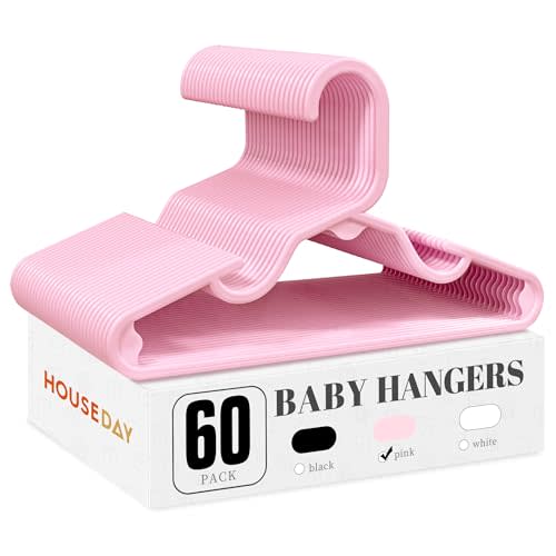 HOUSE DAY Plastic Baby Hangers for Closet 60 Pack, Durable Plastic Kids Hangers for Baby Clothes, Thin & Compact Childrens Hangers, Space Saving Pink Baby Hanger, Small Hanger for Kids Clothes