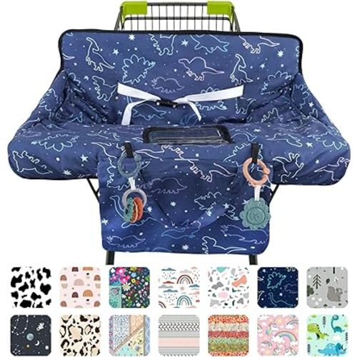 Shopping Cart Cover for Baby 2-in-1 High Chair Cover with Safety Harness Multifunctional Dark Blue Dinosaur Pattern Cart Covers for Babies Soft Padded Grocery Cart Cover for Baby Boy Girl