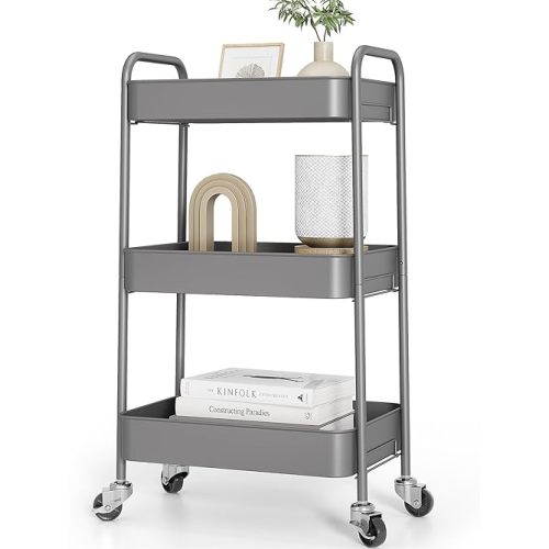 TOOLF 3-Tier Metal Rolling Cart with Wheels, Storage Utility Organizer Cart for Kitchen, Bathroom, Office, Baby Essentials & Makeup - Lockable Casters, Easy Assembly, Large Capacity, Gray