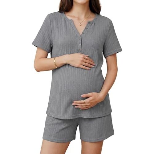 OUGES Women's 100% Cotton 2 Piece Maternity Nursing Pajama Sets Pregnancy Postpartum Loungewear with Pockets