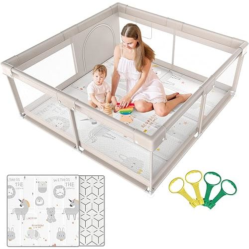 Baby Playpen,Playpen, Playpen for Babies and Toddlers, Play Pen for Kids, Play Pens for Babies and Toddlers for Apartment (59 * 59 inch Grey with mat)
