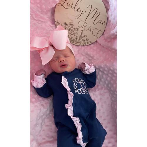 Baby girl coming home outfit, monogrammed footie, ruffle footie navy, newborn picture outfit, baby girl clothing, baby shower gift, pima