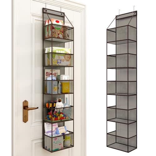 Fixwal 5-shelf Over The Door Bathroom Organizer, Baby Organizers and Storage with Clear Plastic Pockets, Sturdy & Large Capacity Door Hanging Organizer for Nursery, Bedroom, Closet, Pantry (Brown)