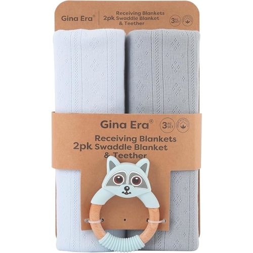 Gina Era Knit Baby Receiving Blankets, Soft Lightweight Cozy Swadde Blanket for Newborns, Unisex Baby Blanket, 2 Pack 30 X 40 Inch for Boy (Blue)