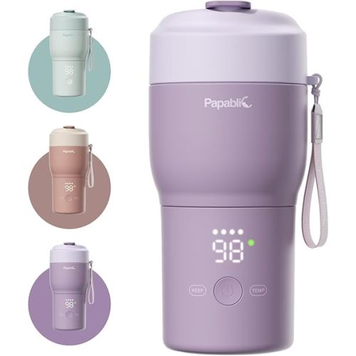 Papablic 2X Faster Portable Baby Bottle Warmer Pro for Travel | Baby-Safe Food-Grade, Built-In Sterilizer, 5 Temperature Settings, Portable, Long-Lasting Battery, Rechargeable, BPA-Free