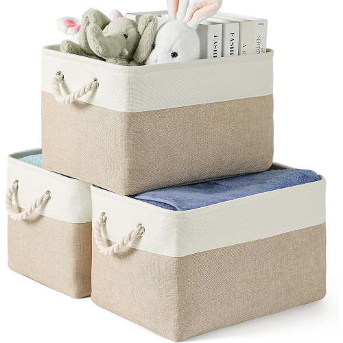 Storage Bins 3 Pack, Fabric Storage Basket for Collapsible Medium Canvas Storage Baskets for Organizing Shelf Nursery Home Closet with Cotton Rope Handle 15(L) x 11(W) x 9.5(H) inch(White&Khaki-3PCS)
