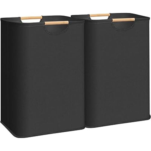 STORAGE MANIAC 2-Pack Large Laundry Hamper, 80L (21.1 Gal) Collapsible Laundry Basket with Bamboo Handles, Freestanding Waterproof Clothes Hamper for Laundry Room, Bedroom, Dorm, Towels, Toys, Black