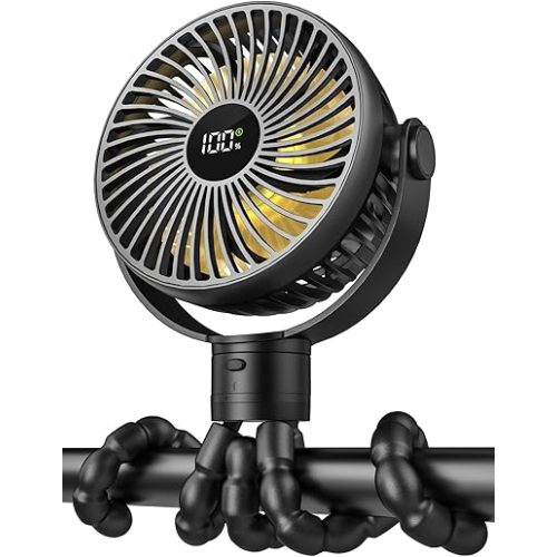Portable Stroller Fan, 4000mAh Rechargeable Clip on Baby Fan 25H Battery Life, Head Detachable 360° Rotate Mini Fans, 4 Speed Personal Fans with Night Light for Car Seat Crib Bike Treadmill, Black