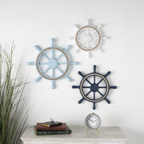 Bungalow Rose Effrem Wood Ship Wheel Multi Colored Wall Decor with Brown Beaded Accents Set | Wayfair