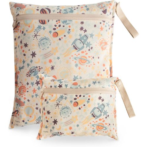 mushie Water Resistant Wet Bags | Large & Small Reusable Storage Bag for Baby Items and Travel | Zippered Pockets with Handle | Machine Washable, Set of 2 (Space)