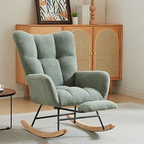 KEIKI Teddy Rocking Chair Nursery, Modern Accent Glider Armchair with Foot Rest, High Backrest, Side Pocke, Solid Wood Legs, Ready Lazy Upholstered Sofa Seating for Living Room, Lounge, Bedroom