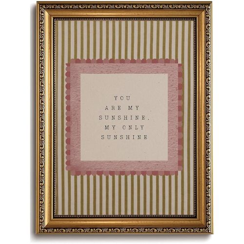 Vintage Gold Framed Wall Art You Are My Sunshine Canvas Print, Retro Pink Striped Nursery Decor, Coquette Preppy Typography Quote Picture for Baby Girl Boy Room 8x10 Inch
