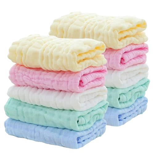 Dream Picks 10 Pack Soft Muslin Unisex Baby Washcloths For Daily Use, 100% Cotton Set For Delicate Skin. Soft and Super Absorbent, Newborn Baby Essentials And Baby Registry,12x12 Inches (Multicolored)