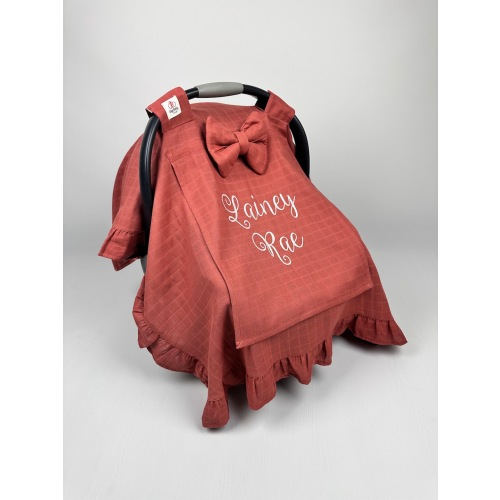 Car Seat Canopy Cover for Baby Girl&Boy with BRICK RED Muslin Gauze Ruffle and Peekaboo Mesh Window, Personalized Carseat Cover (100%Cotton)